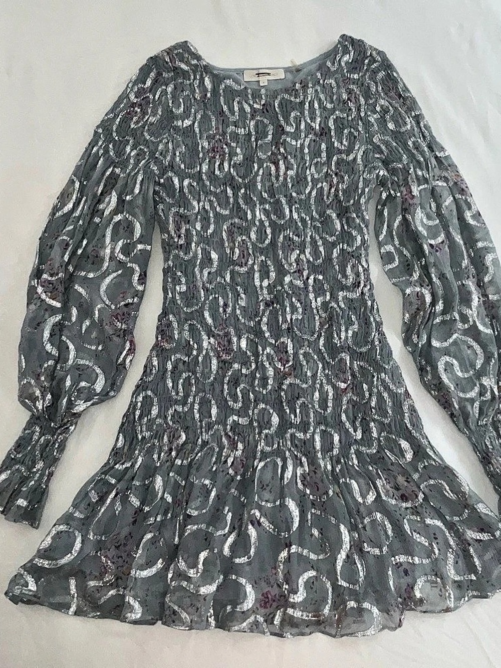 LoveShackFancy Scarlett Mini Dress in Gray & Silver petite